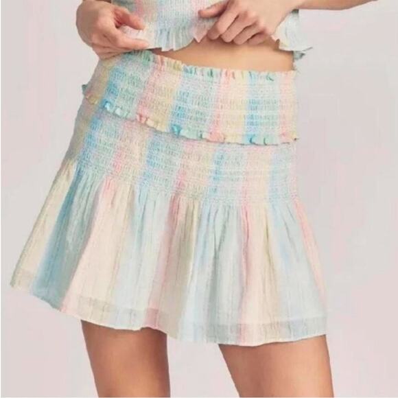 LoveShackFancy Women’s Camilla Mini Skirt Rainbow Striped Ruffled Trim Sz L - Picture 5 of 6